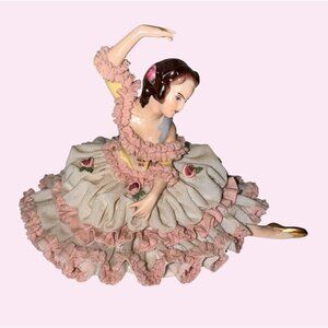 Porcelain Ballerina Figurine With Pink & White Lace Dress